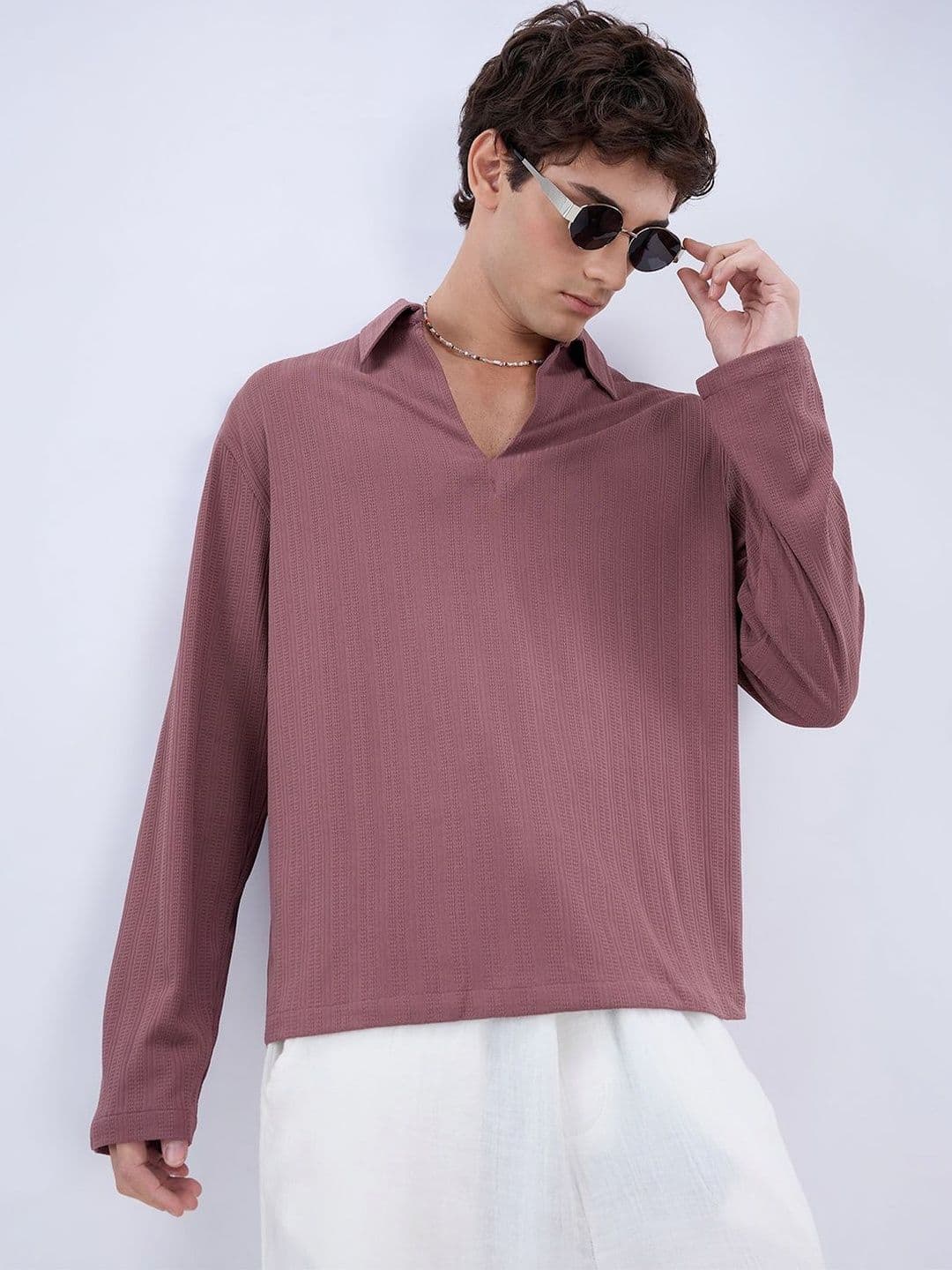 VASTRADO Heather Purple Fine Weave Oversized Knitted Polo Shirt - view 1