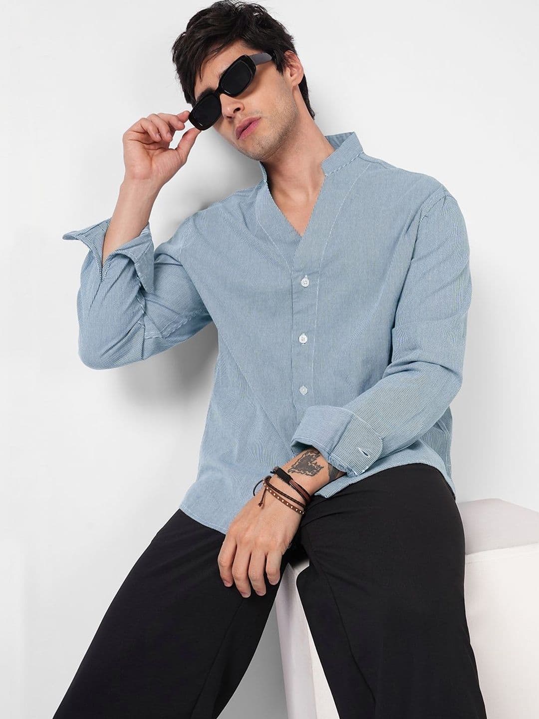 VASTRADO Navy & White Pinstripe Stand Collar Oversized Shirt - view 1