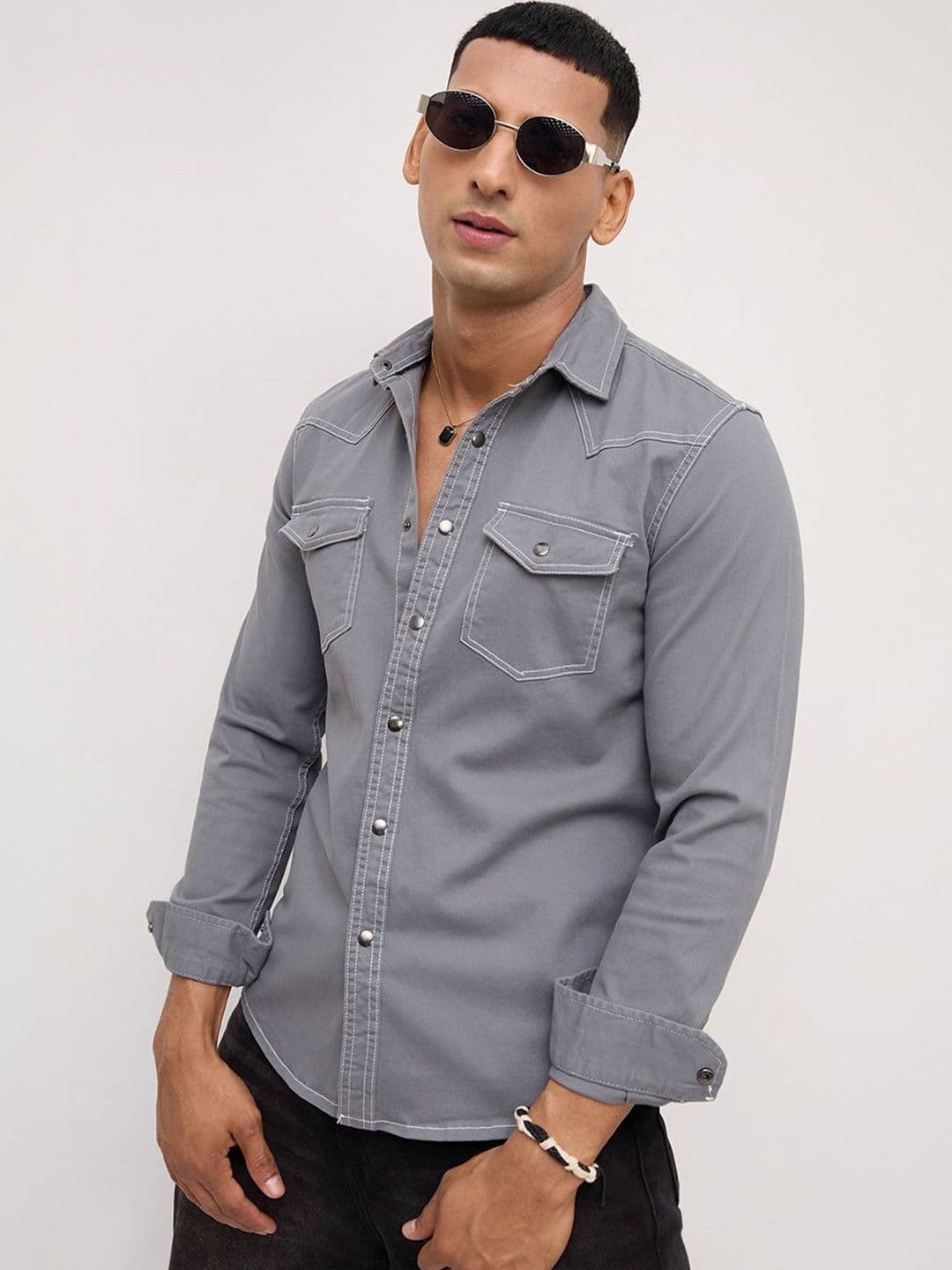 VASTRADO Slate Grey Contrast Stitch Twin Pocket Overshirt - view 1