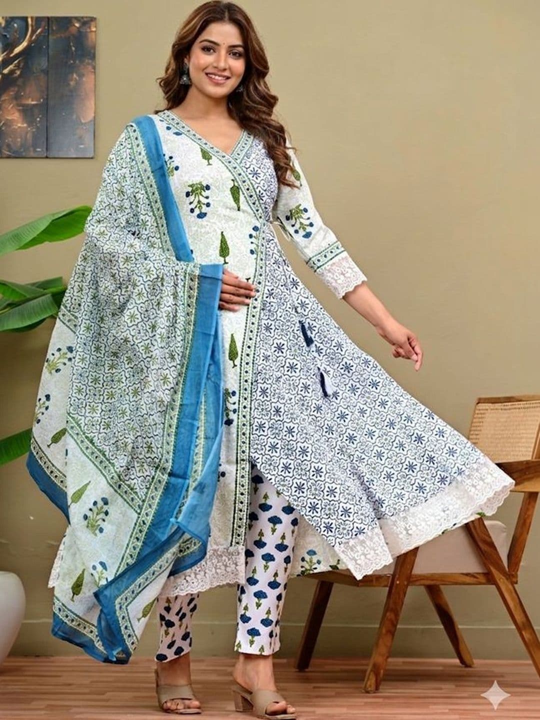 KALINI Women Ethnic Motifs Printed Angrakha Pure Cotton Kurta with Trousers & With Dupatta - view 1