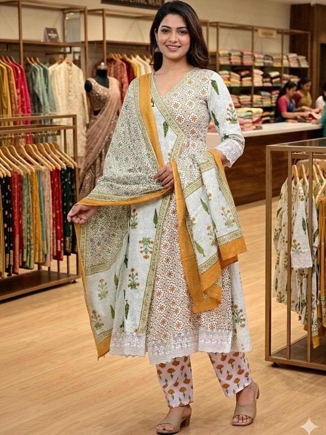 KALINI Women Ethnic Motifs Printed Angrakha Pure Cotton Kurta with Trousers & With Dupatta - view 1