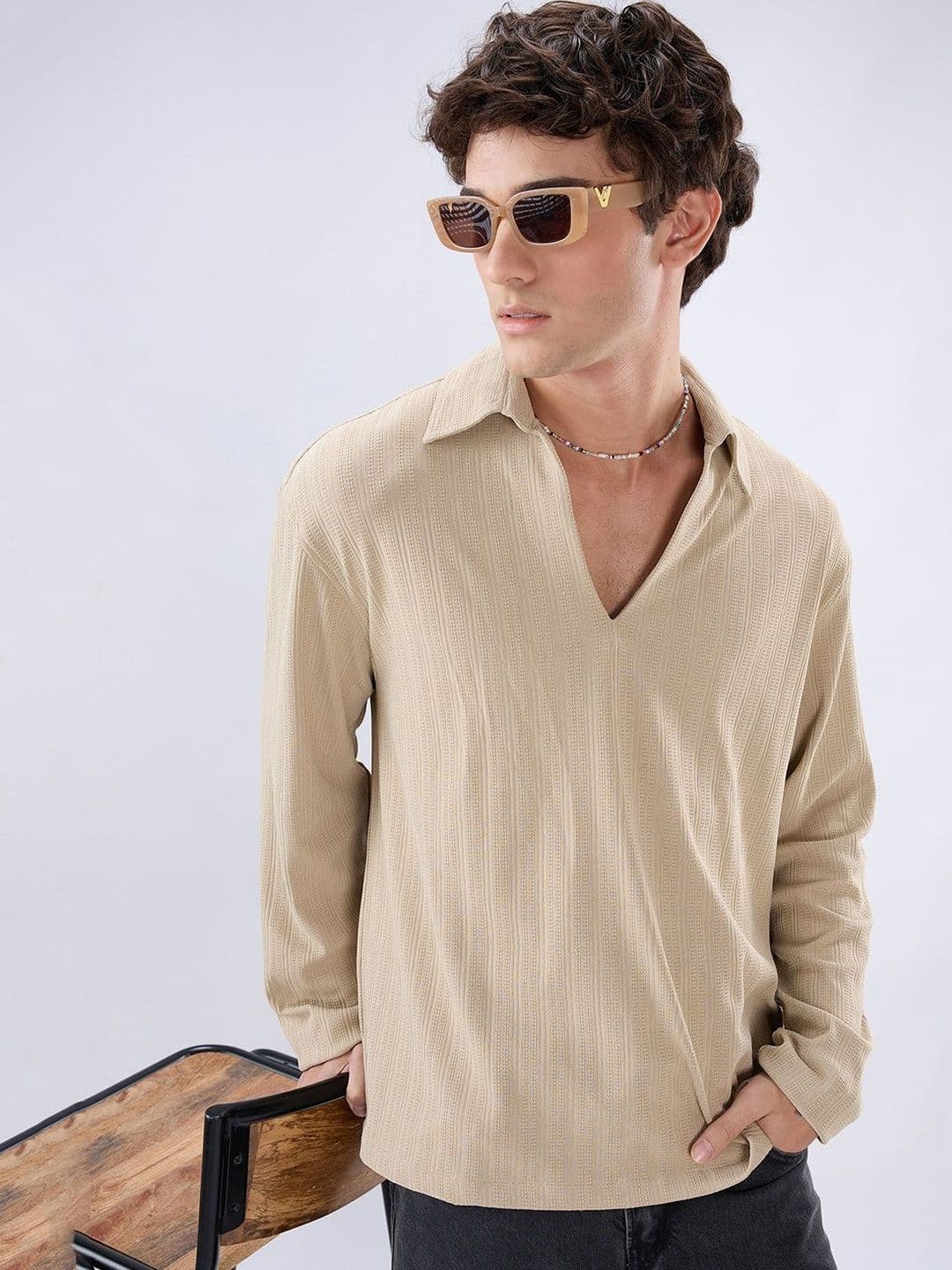 VASTRADO Sand Dune Ribbed Textured Polo Oversized Knitted Shirt - view 1