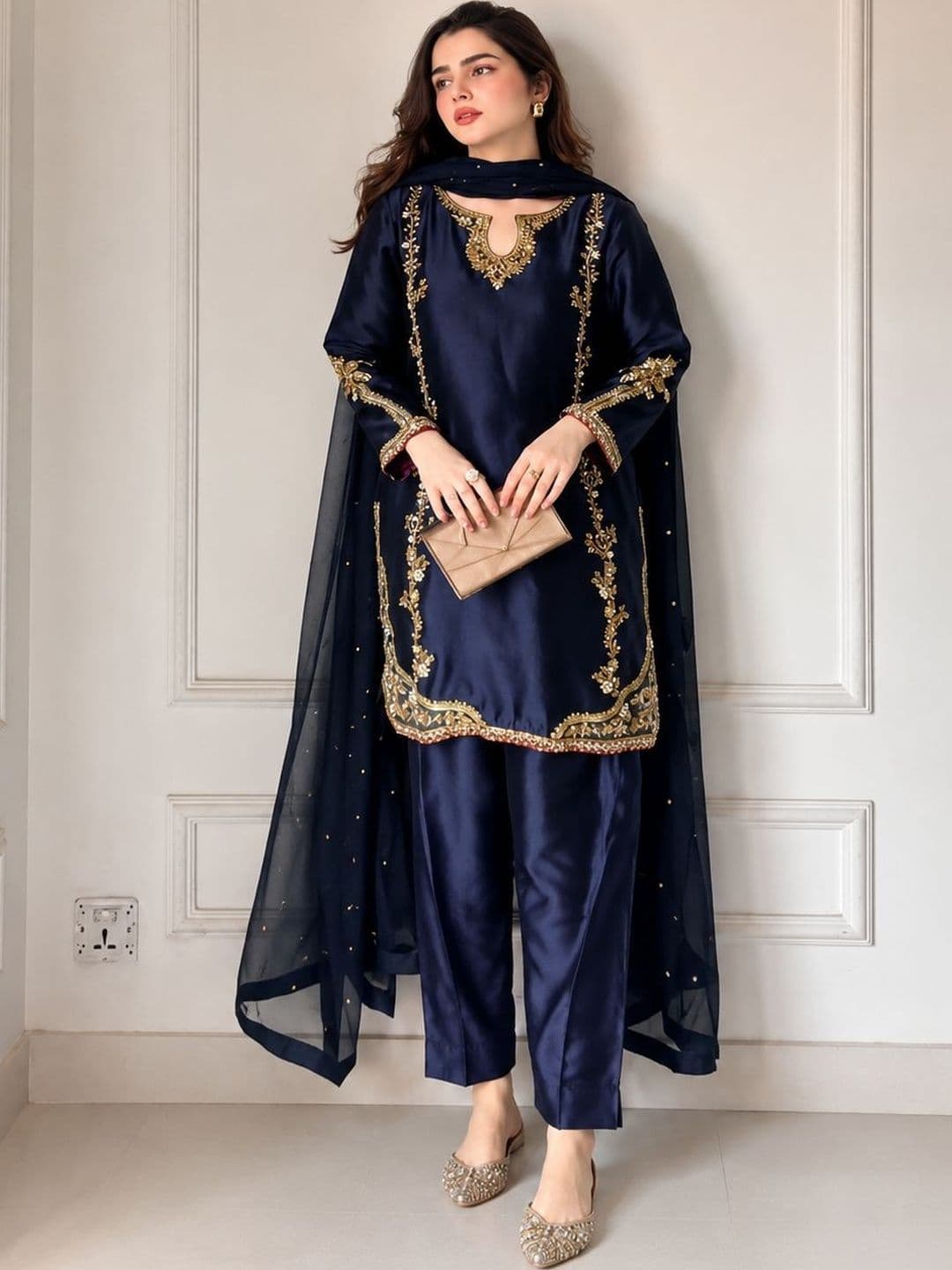 HERE&NOW Women Ethnic Motifs Embroidered Regular Silk Crepe Kurta with Trousers & With Dupatta - view 1
