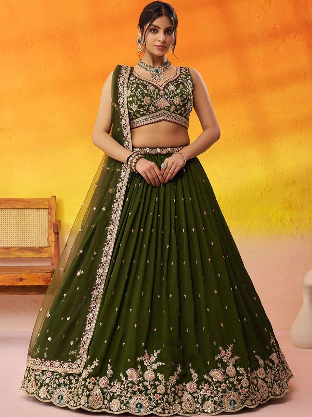 KALINI Embroidered Sequinned Semi-Stitched Lehenga & Unstitched Blouse With Dupatta - view 1