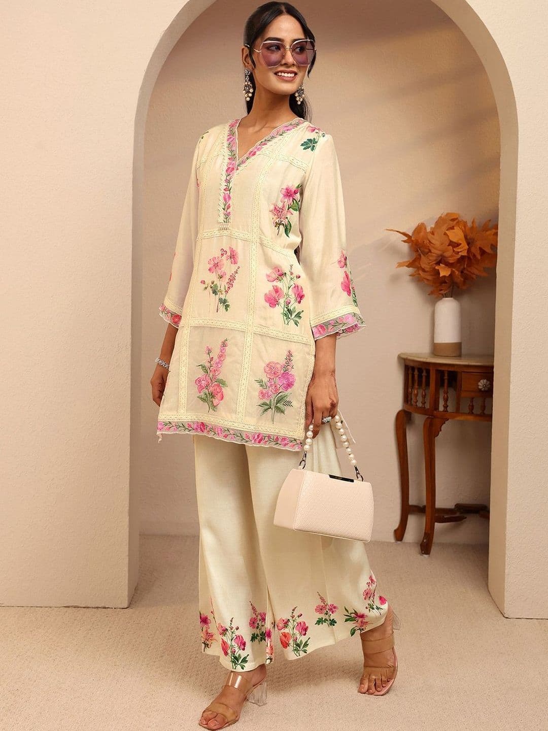 Libas Off White Floral Printed Silk Blend A-line Kurta Set - view 1