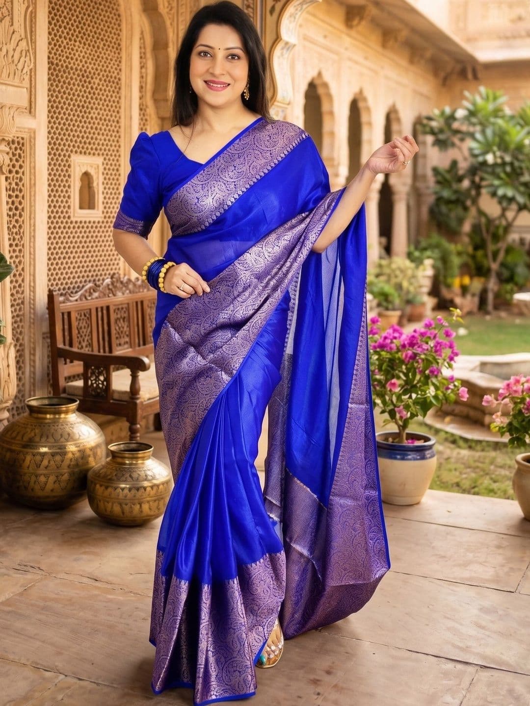 7Eleven Fashion Ethnic Motifs Woven Design Zari Art Silk Banarasi Saree With Blouse - view 1