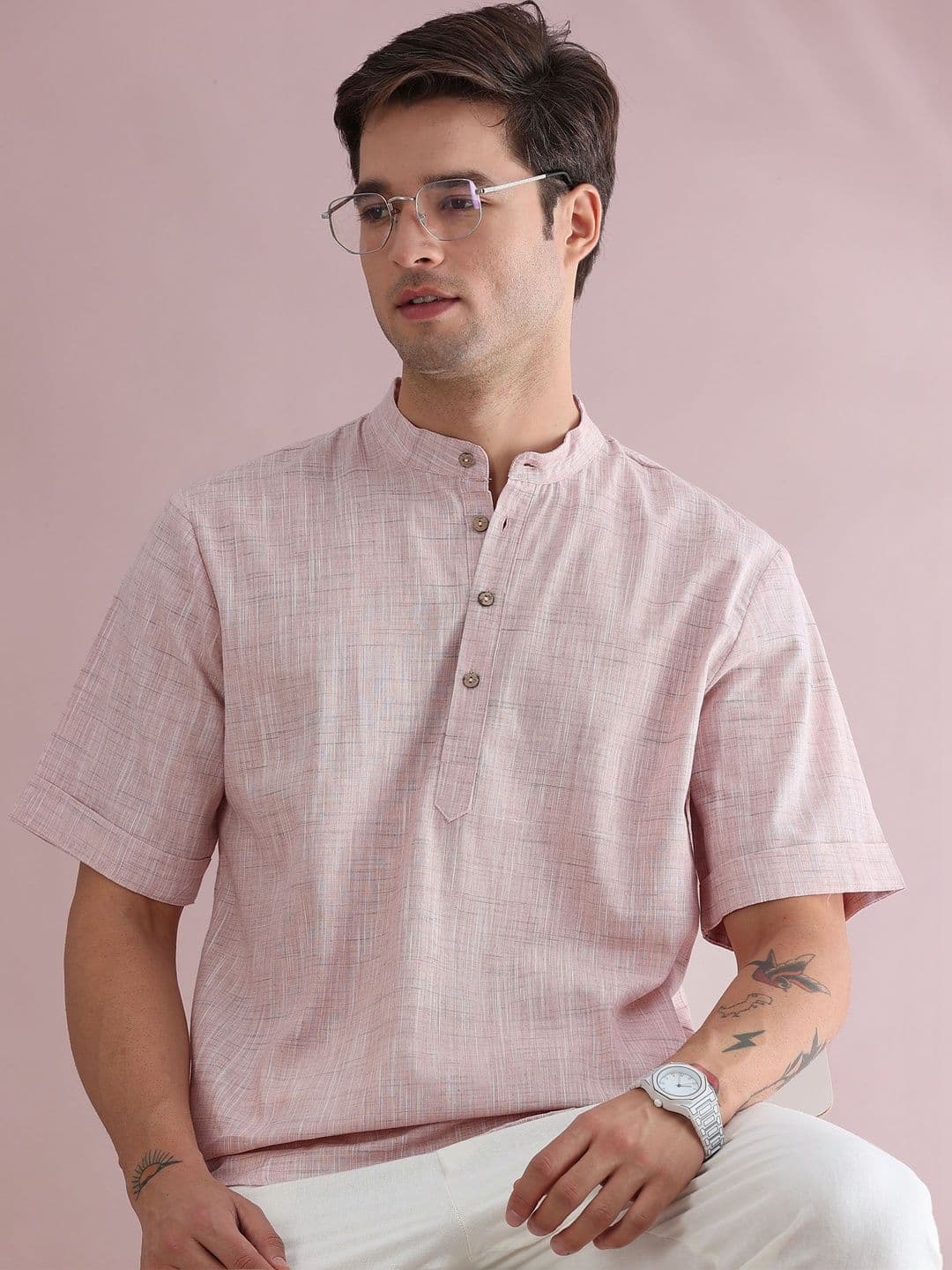 FILORI STUDIO Men Textured Pink Kurta - view 1