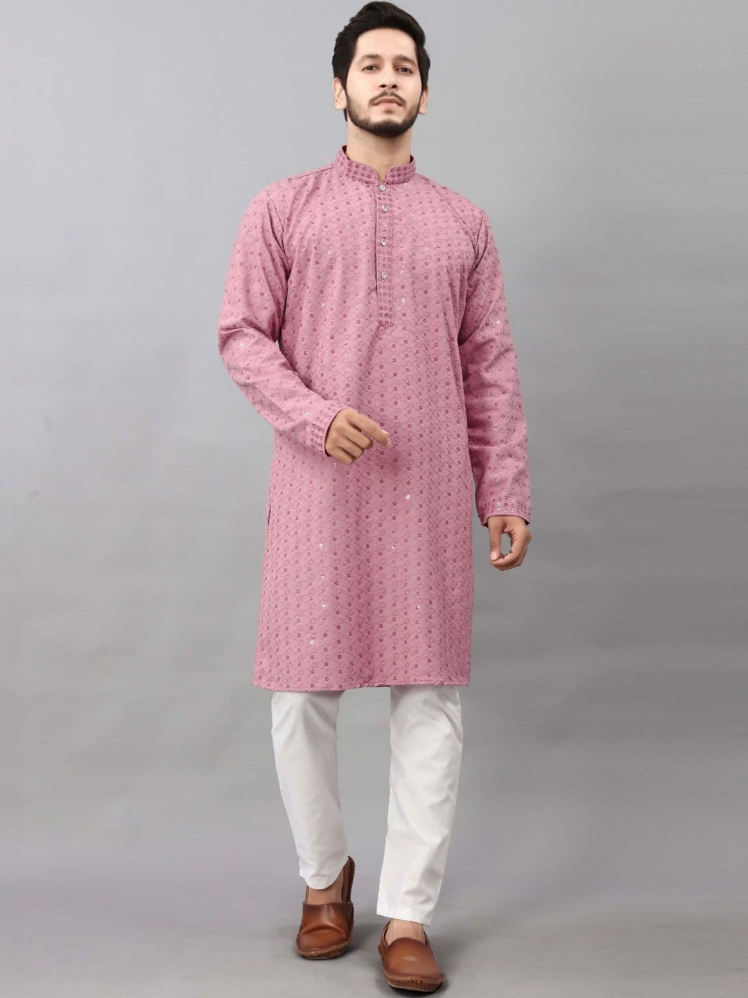 ALMORA Men Ethnic Motifs Embellished Sequinned Cotton Silk Kurta - view 1