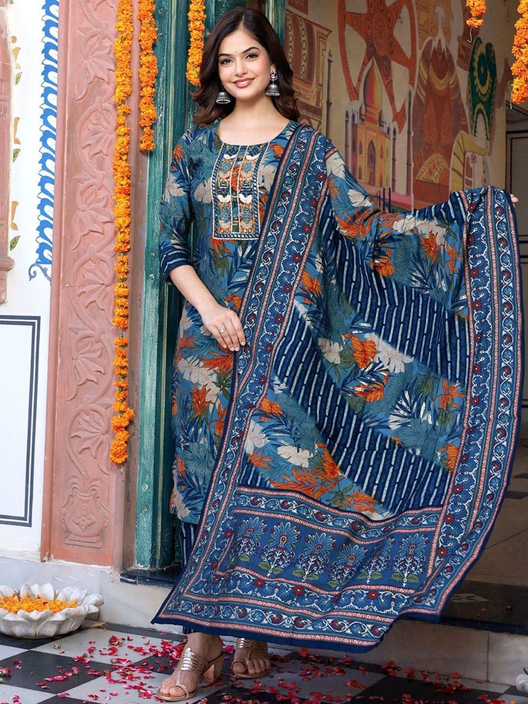 Anouk Rustic Women Printed Regular Silk Crepe Straight Kurta with Trousers & Dupatta - view 1