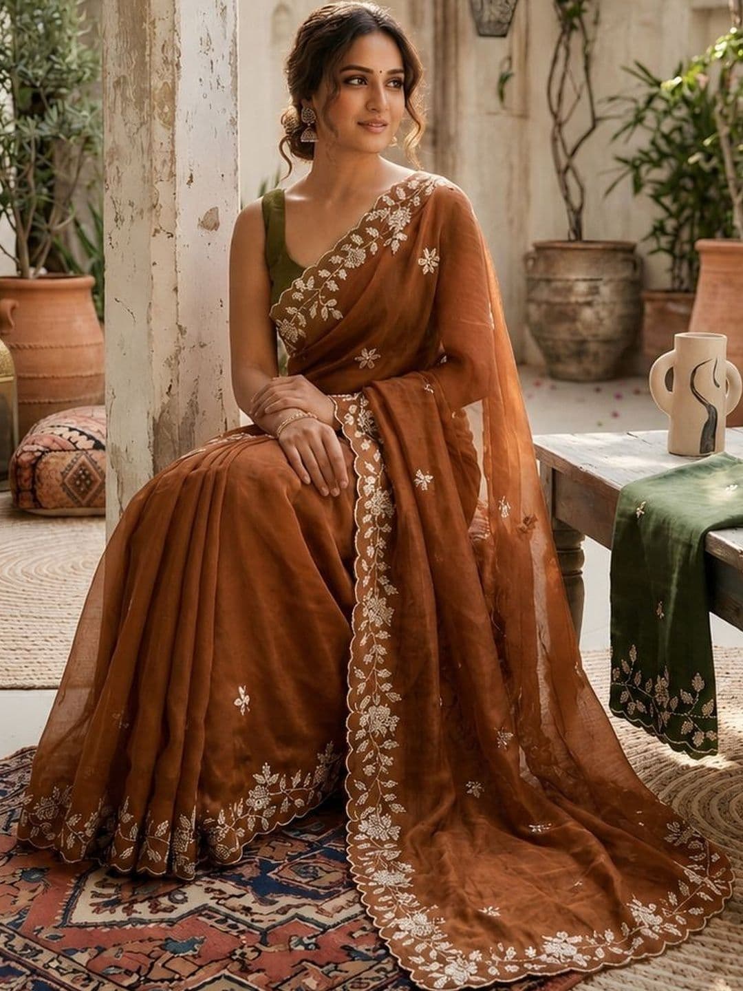 House of Pataudi Ethnic Motifs Embroidered Pure Georgette Saree - view 1