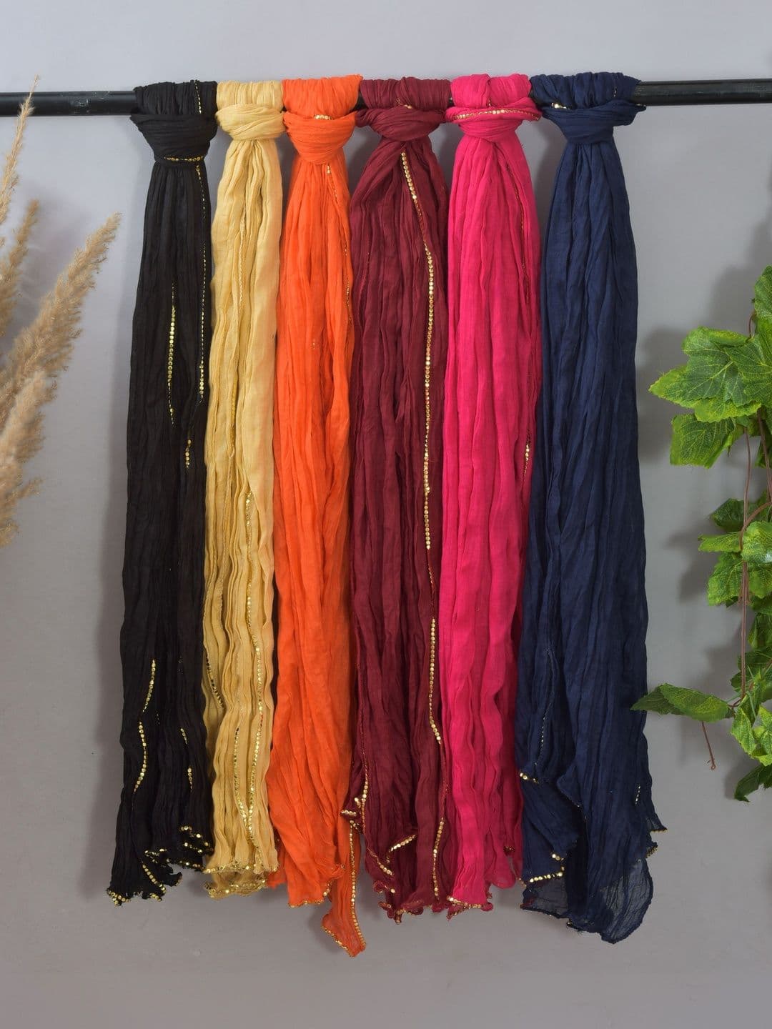 Kuhika Selection Of 6 Sequinned Cotton Dupattas With Taping Border - view 1
