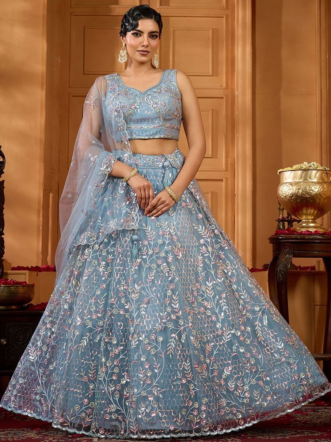 KALINI Embroidered Sequinned Semi-Stitched Lehenga & Unstitched Blouse With Dupatta - view 1