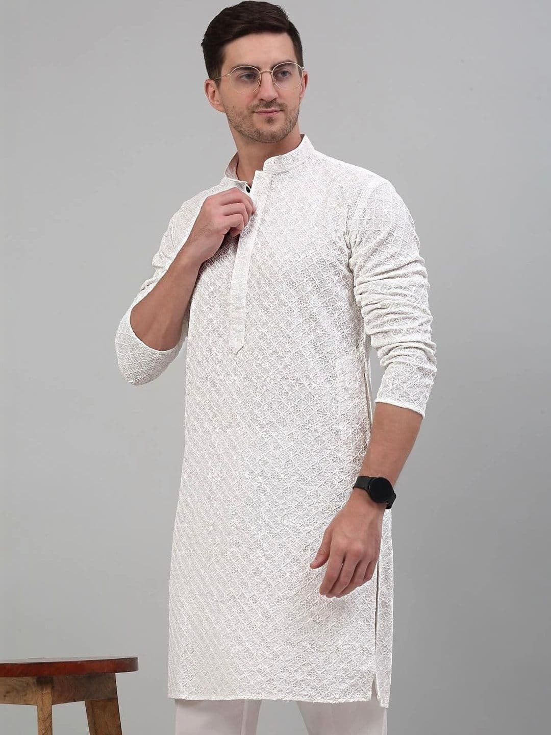 lucknowi Men Embroidered Chikankari White Romance Handloom Kurta - view 1