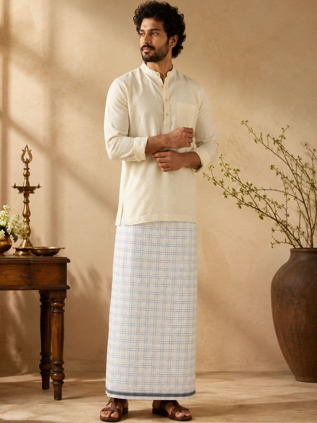 AKESHAVAM Men Checked Cotton Dhoti Dhotis - view 1