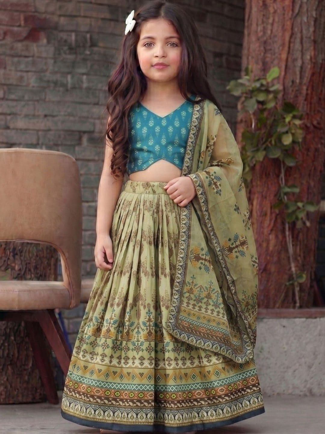 Sangria Girls Embroidered Mukaish Foil Print Ready to Wear Lehenga & Blouse With Dupatta - view 1