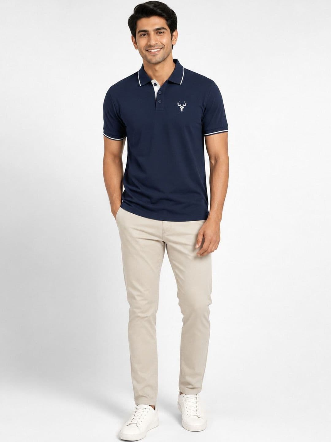 Warrior World Men Navy Blue Brand Logo Printed Cotton Polo Collar T-shirt - view 1