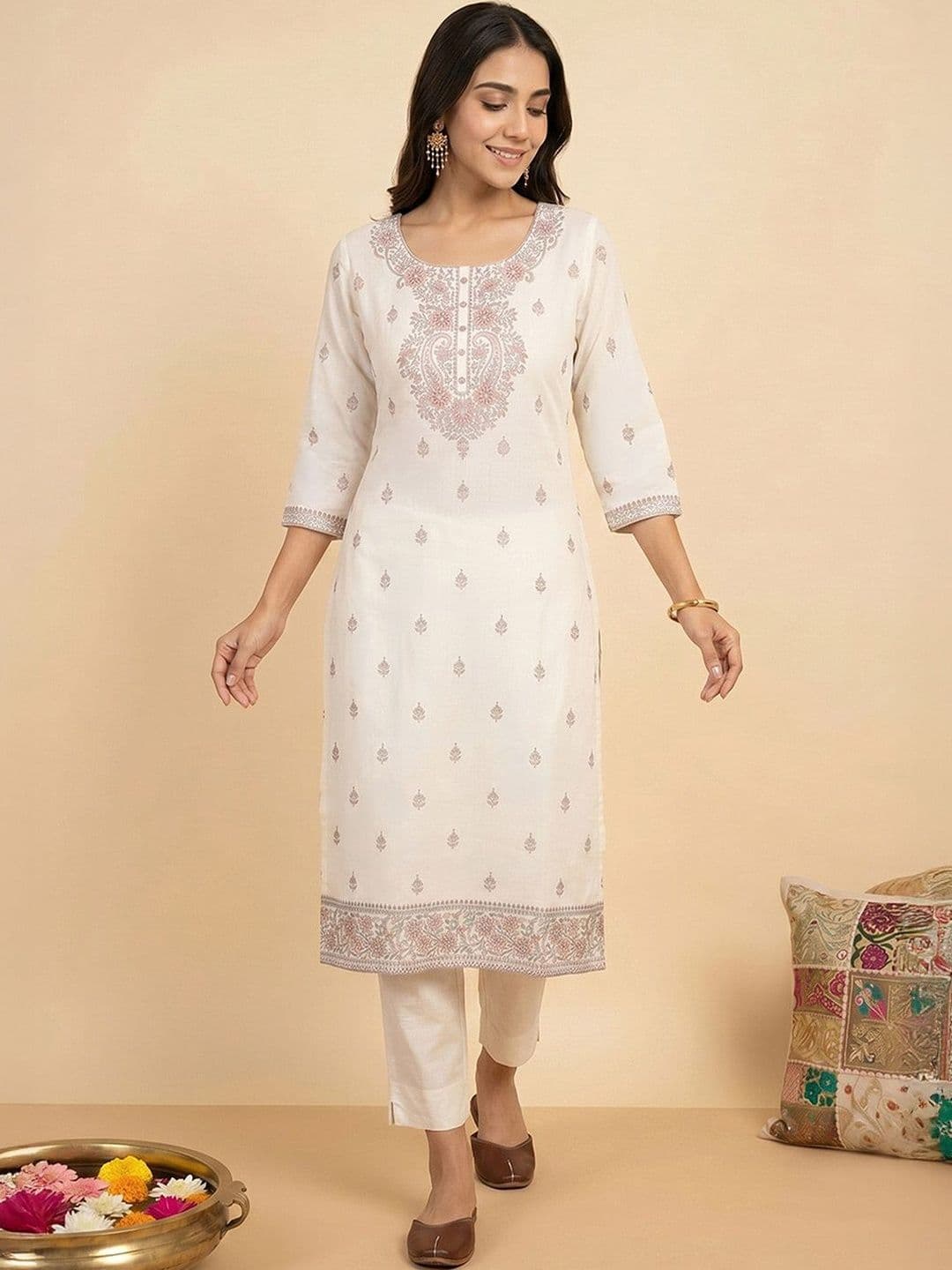 Janasya Women Printed White Ethnic Motifs Embroidered Thread Work Cotton Kurta - view 1