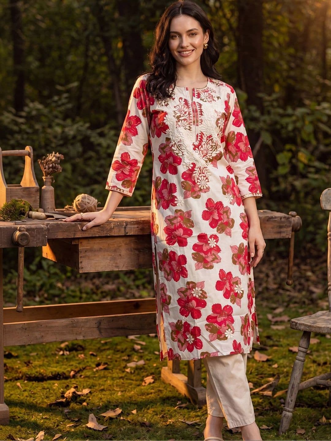 Indo Era Women Floral Printed Thread Work Floral Kurta - view 1
