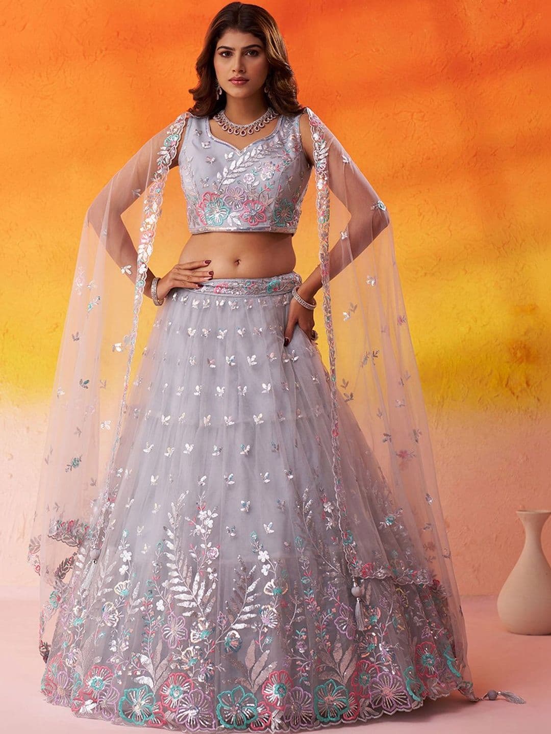 KALINI Embroidered Sequinned Semi-Stitched Lehenga & Unstitched Blouse With Dupatta - view 1