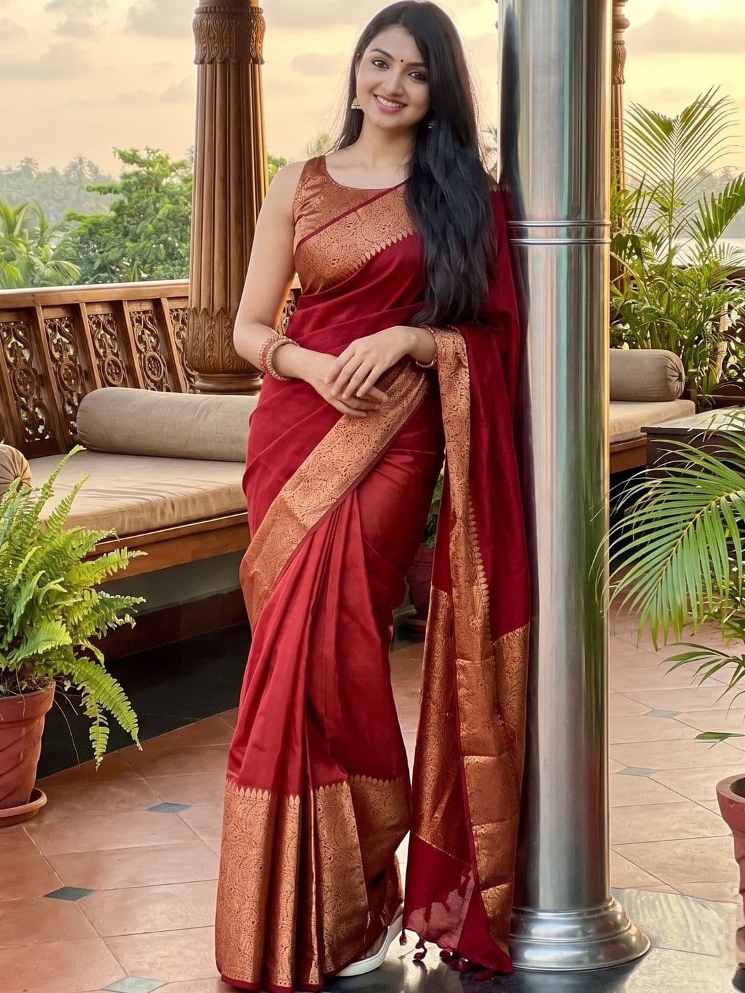 7Eleven Fashion Ethnic Motifs Woven Design Zari Art Silk Banarasi Saree With Blouse - view 1