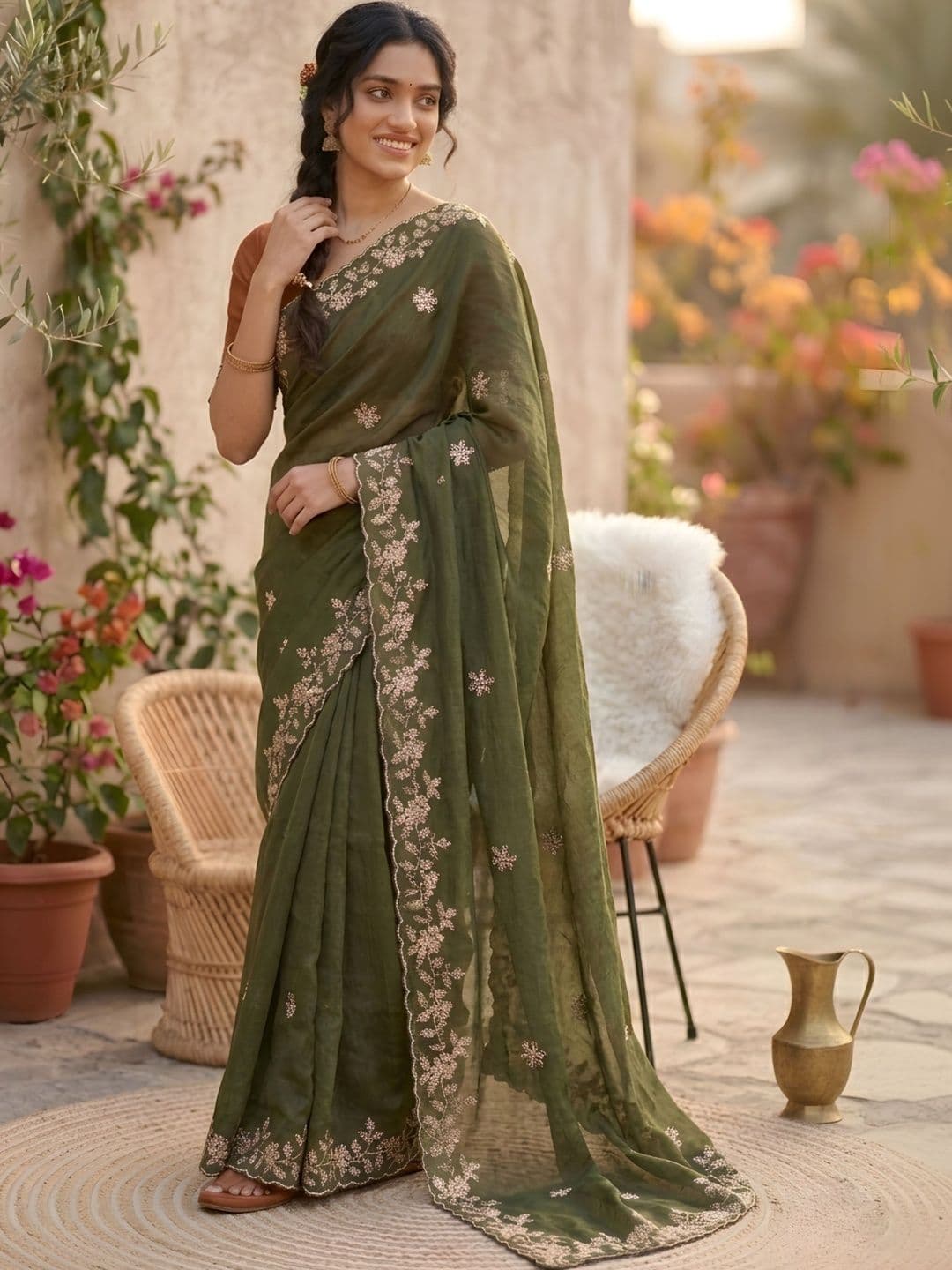 House of Pataudi Ethnic Motifs Embroidered Pure Georgette Saree - view 1