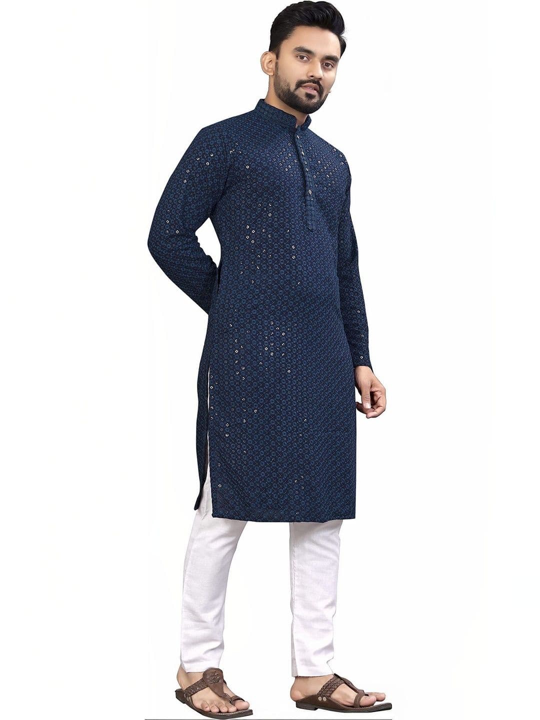 LUCKNOWI FASHION Men Sequinned Handloom Kurta - view 1