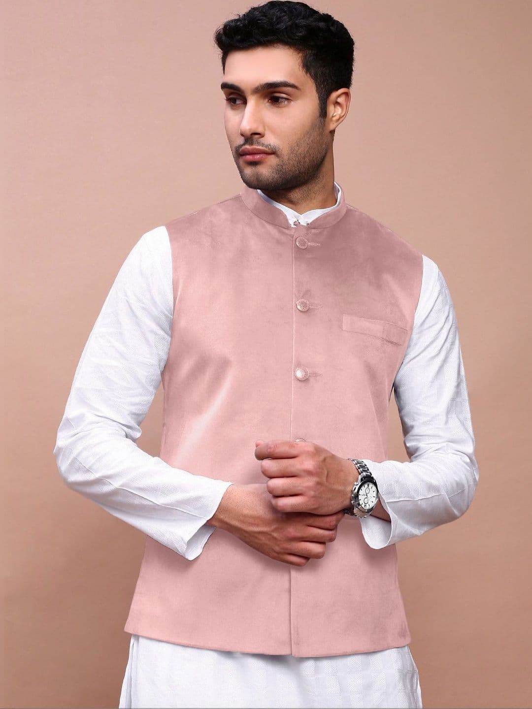 SHOWOFFFF Velvet Mandarin Collar Nehru Jacket - view 1