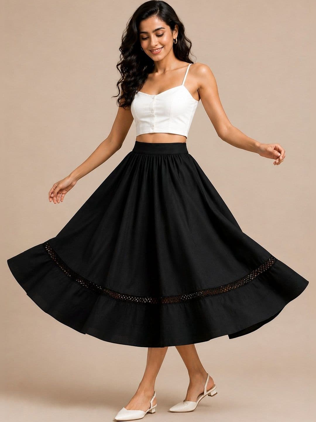 AASK Black Pure Cotton Cambric Frills Bows and Ruffles Midi A-Line Flared Skirt - view 1