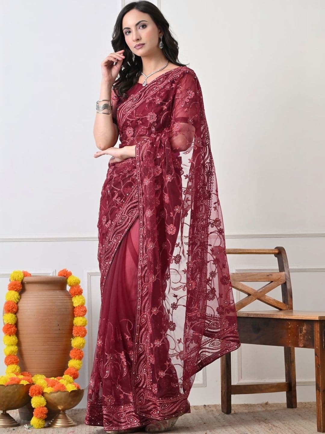 Subham Ethnic Motif Embellished Net Saree - view 1