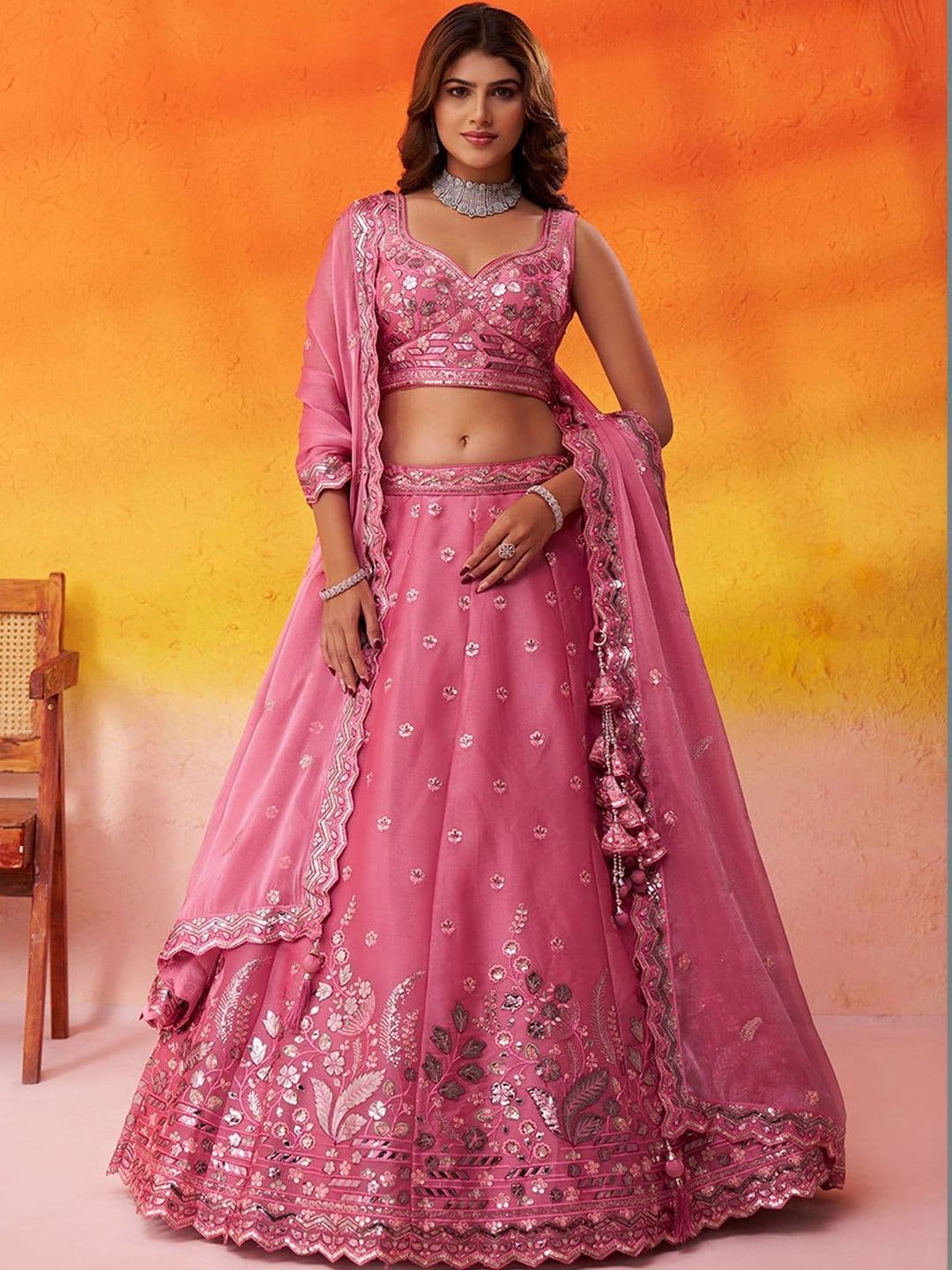 KALINI Embellished Mirror Work Semi-Stitched Lehenga & Unstitched Blouse With Dupatta - view 1