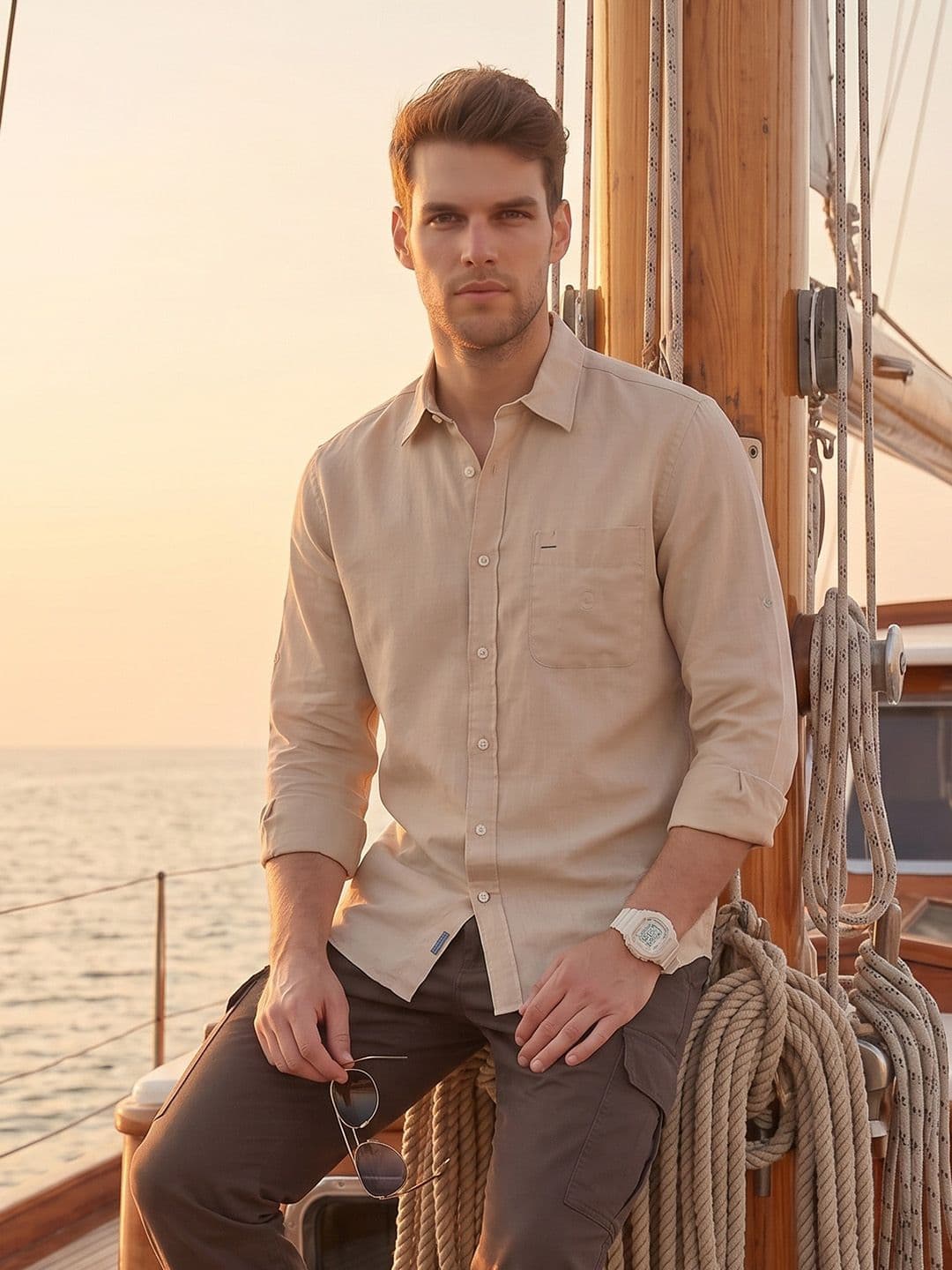 Nautica Spread Collar Cotton Linen Casual Shirt - view 1