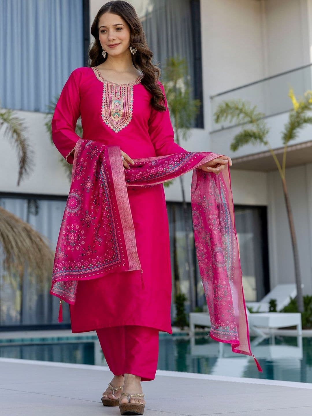 Sangria Women Ethnic Motifs Embroidered Regular Thread Work Kurta with Palazzos & With Dupatta - view 1