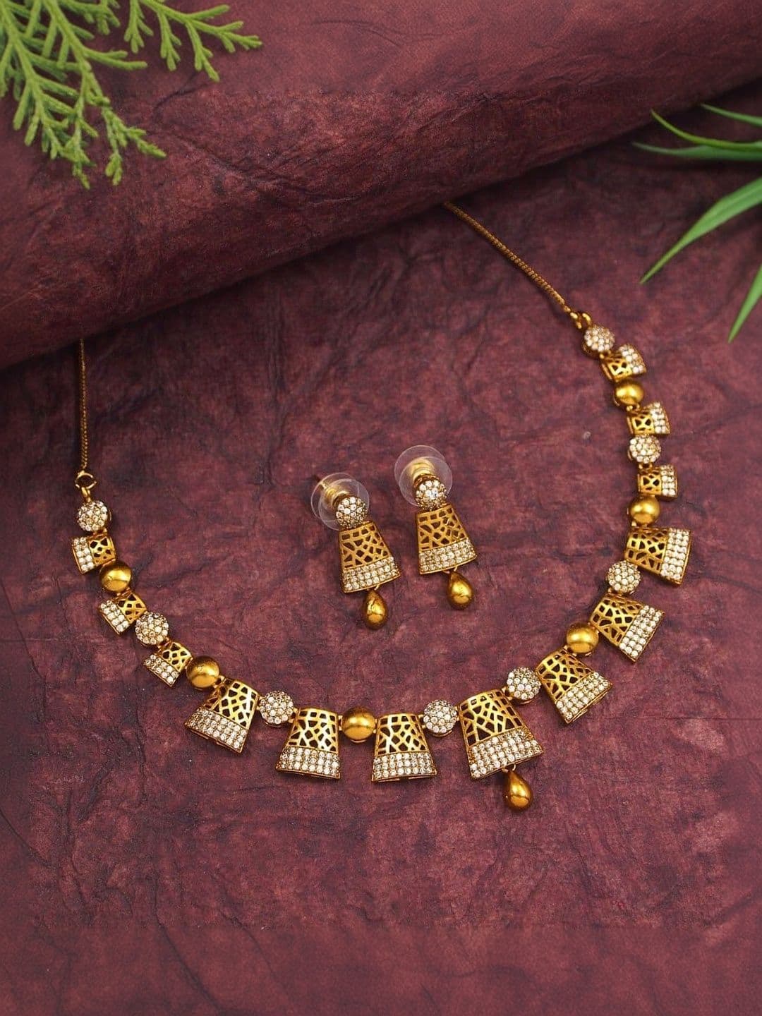 SGA FASHION Gold-Plated Antique American Diamond Studded Necklace And Earrings - view 1