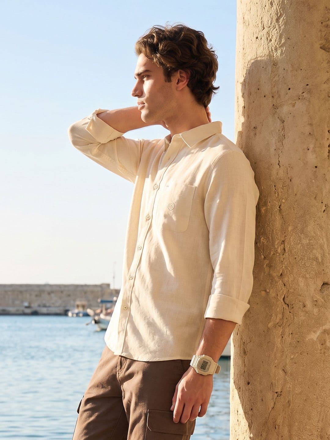 Nautica Spread Collar Cotton Linen Casual Shirt - view 1