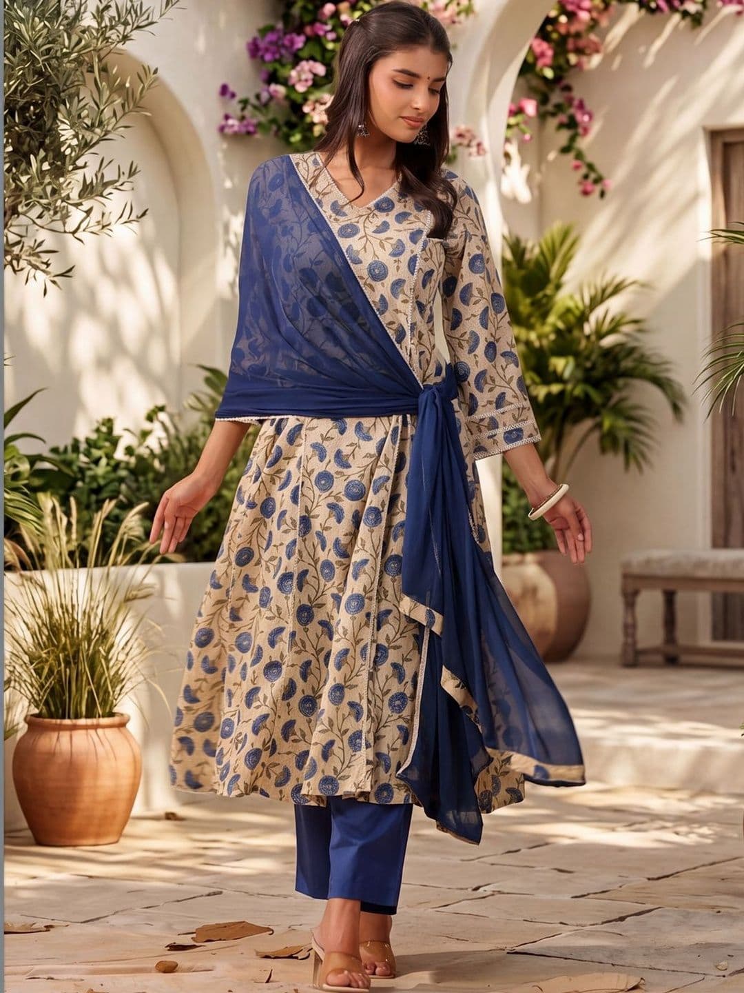 Rain & Rainbow Women Ethnic Motifs Printed Regular Pure Cotton Kurta with Trousers - view 1