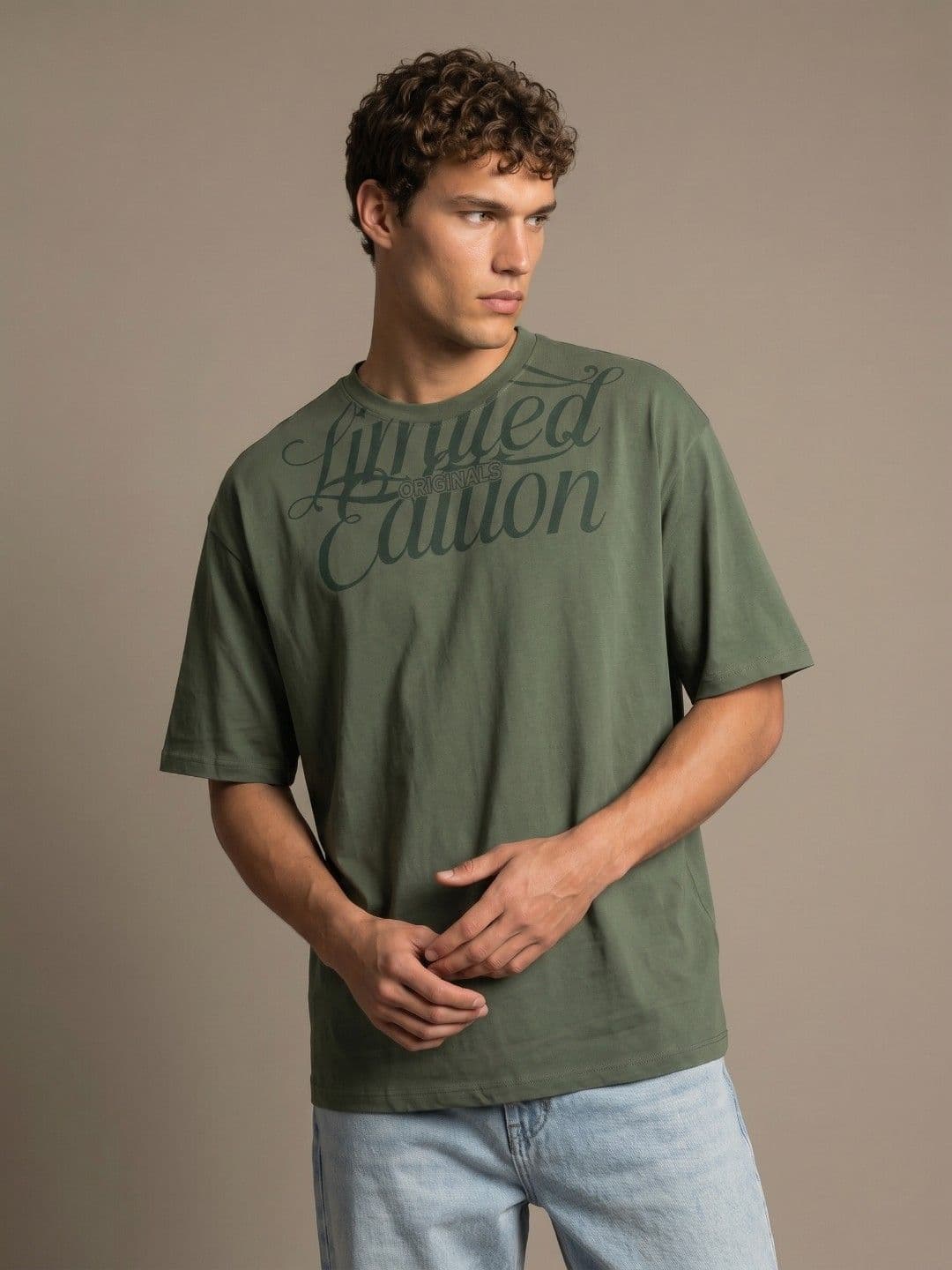 glitchez Olive Green Typography Printed Oversized Fit T-Shirt - view 1