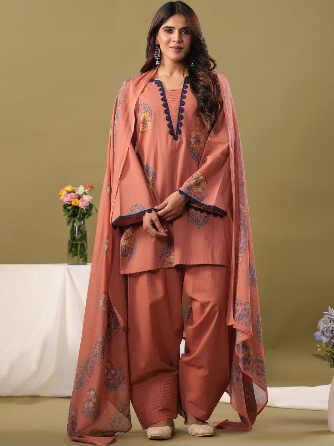 Rimeline Women Floral Printed Regular Pure Cotton Kurti with Patiala & With Dupatta - view 1
