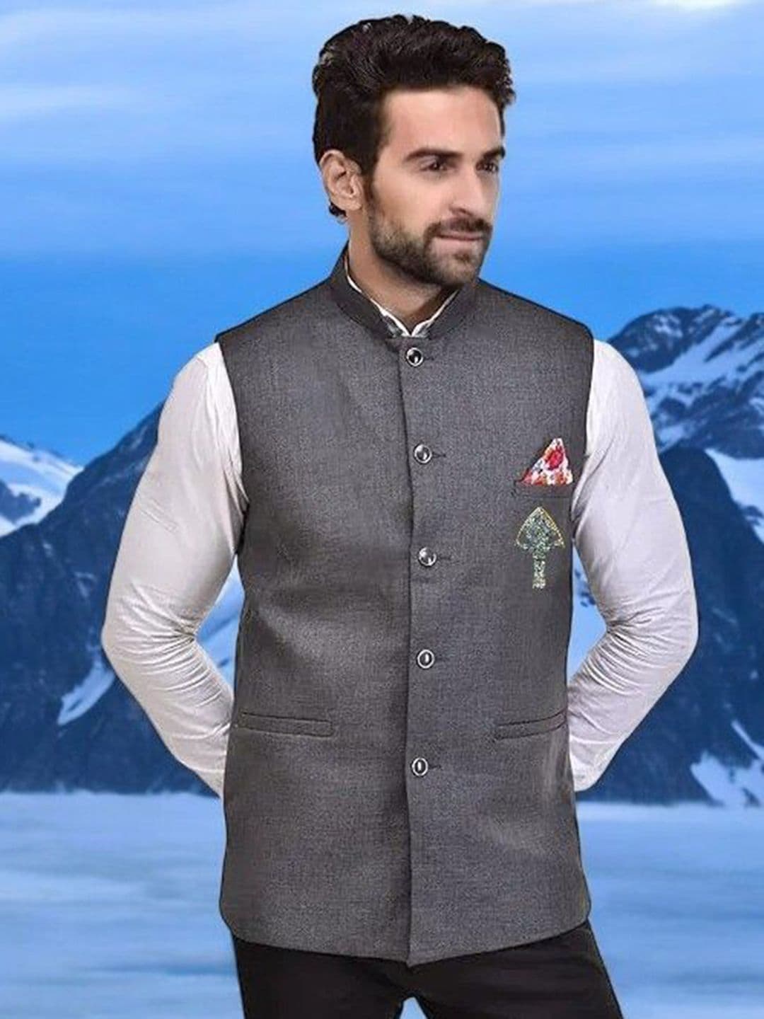 Eliq Jute Cotton Mandarin Collar Nehru Jacket with Brooch - view 1