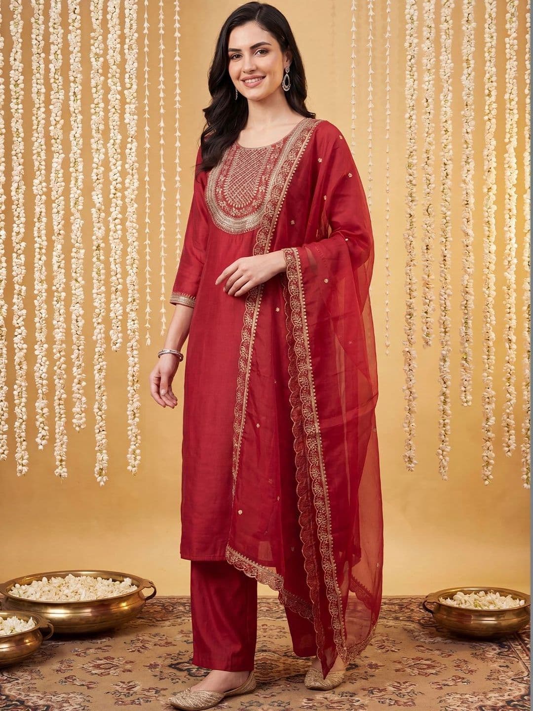 Indo Era Women Ethnic Motifs Embroidered Regular Thread Work Liva Kurta with Trousers & With Dupatta - view 1