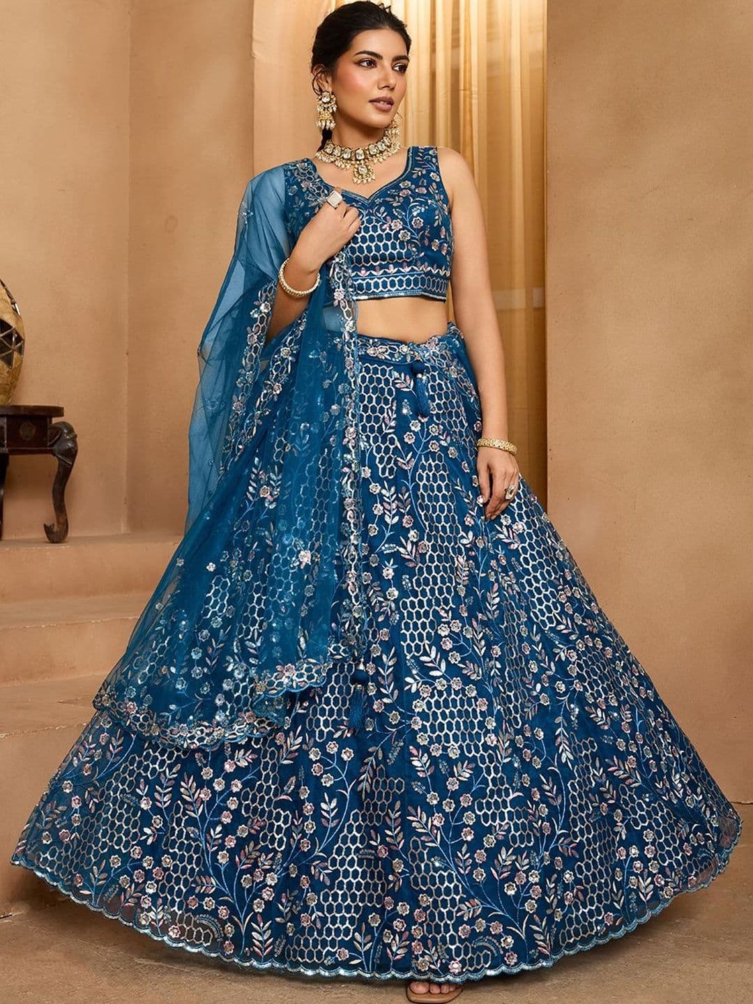 NAVYAAZRI Embroidered Sequinned Semi-Stitched Lehenga & Unstitched Blouse With Dupatta - view 1
