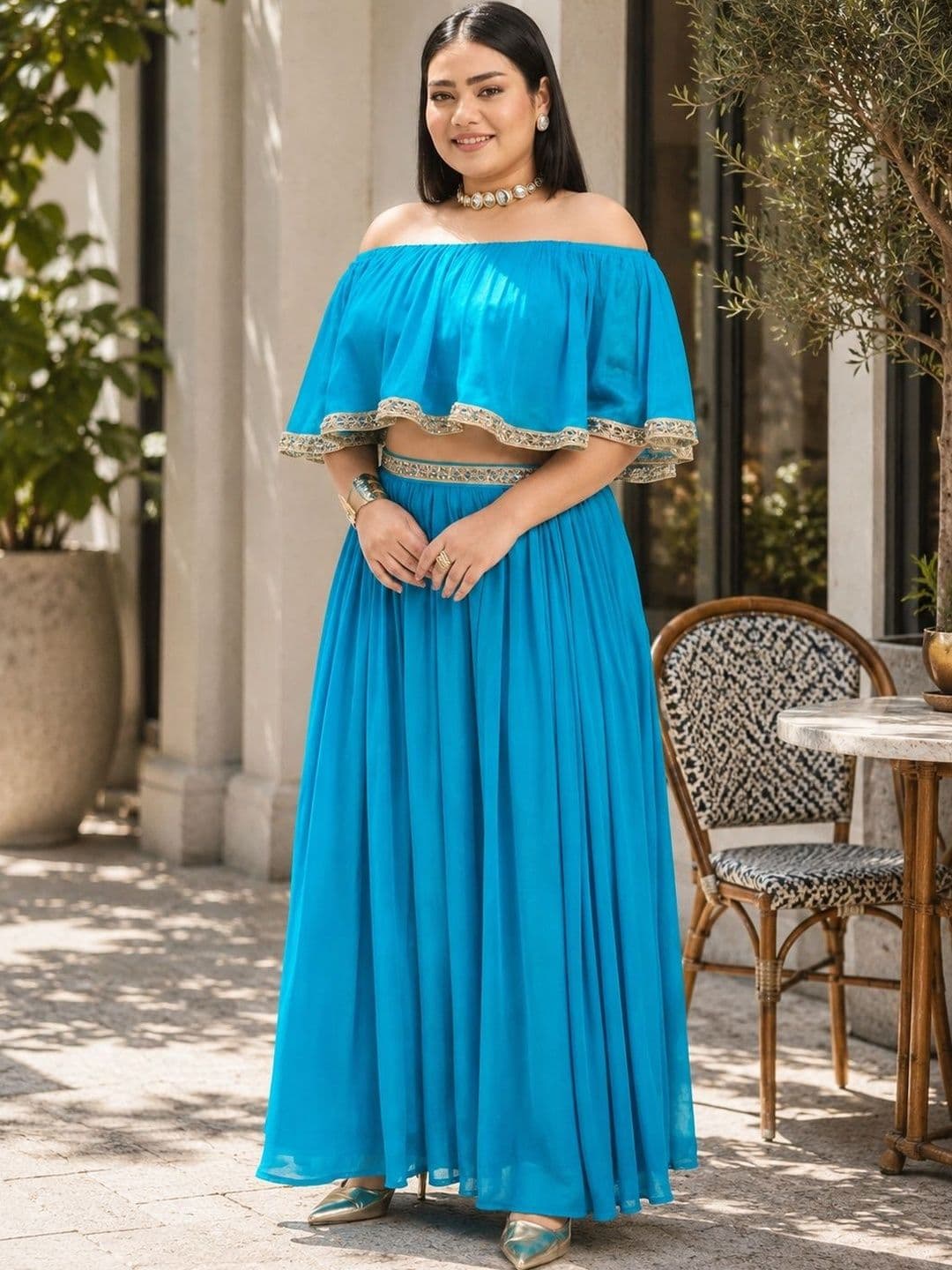 Virgio Solid Viscose Rayon Plus Size Maxi Flared Skirts with Lace - view 1