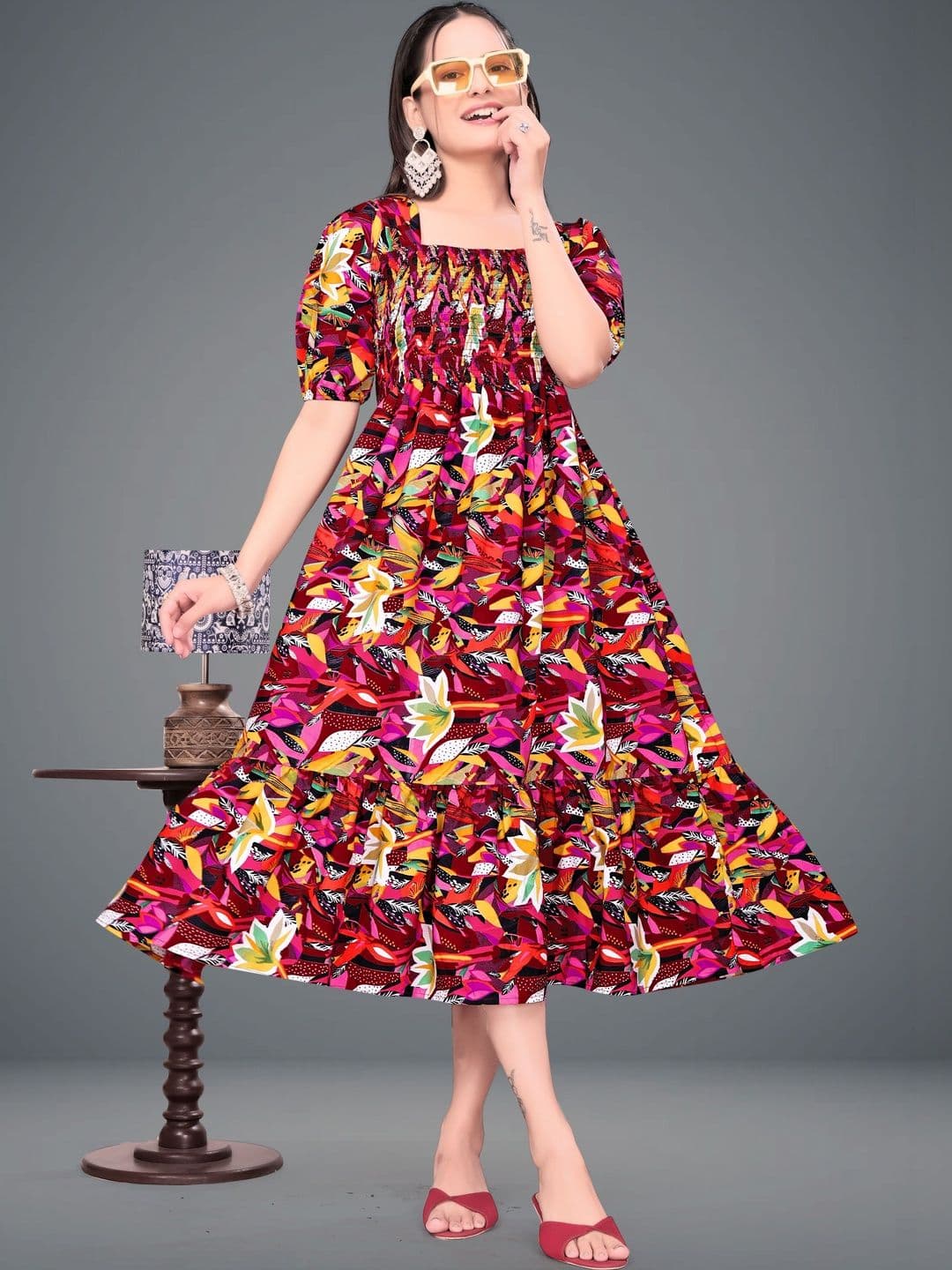 MANDIV FASHION Floral Print Puff Sleeve Crepe A-Line Midi Dress - view 1