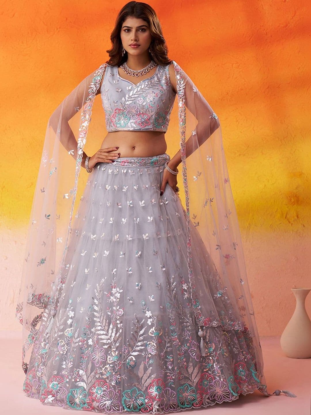 NAVYAAZRI Embellished Sequinned Semi-Stitched Lehenga & Unstitched Blouse With Dupatta - view 1