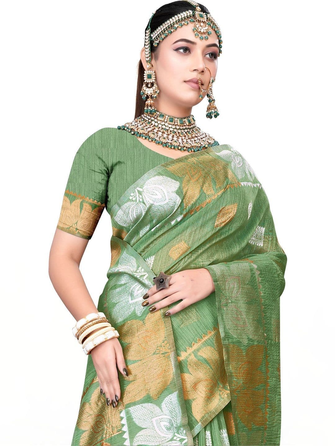 Prisan Women Green Woven Cotton Saree with Unstitched Blouse - view 1