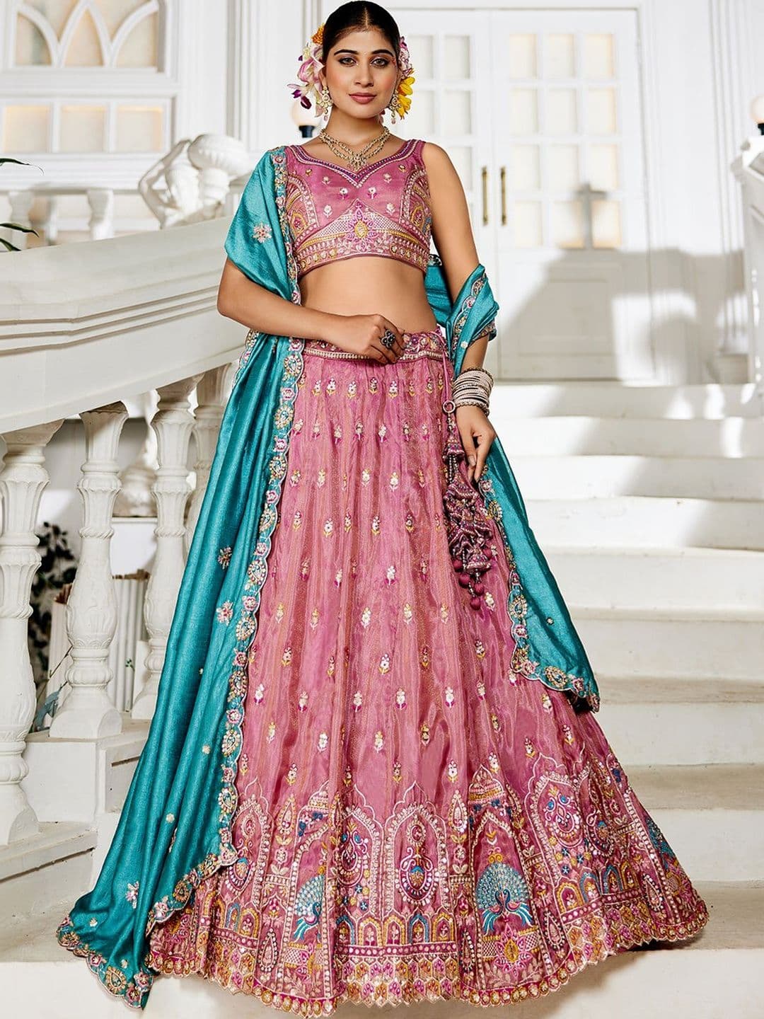 NAVYAAZRI Embroidered Thread Work Semi-Stitched Lehenga & Unstitched Blouse With Dupatta - view 1
