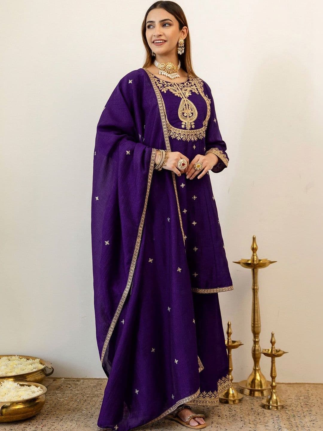 SKYLEE Women Ethnic Motifs Embroidered Regular Kurta with Palazzos & With Dupatta - view 1