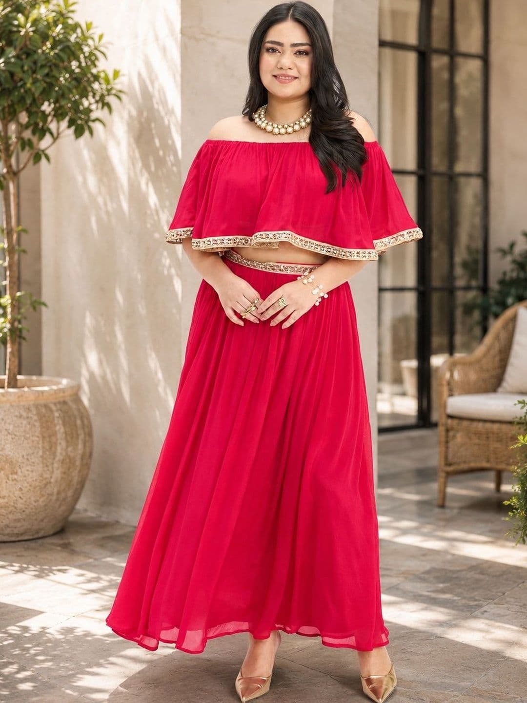 Virgio Solid Viscose Rayon Plus Size Maxi Flared Skirts with Lace - view 1