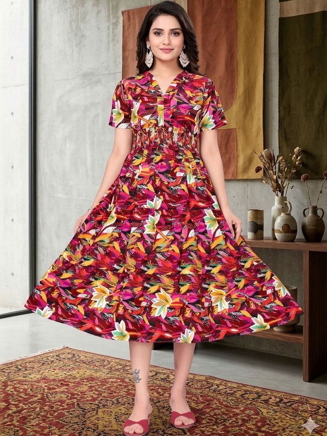 MANDIV FASHION Print Crepe A-Line Midi Dress - view 1