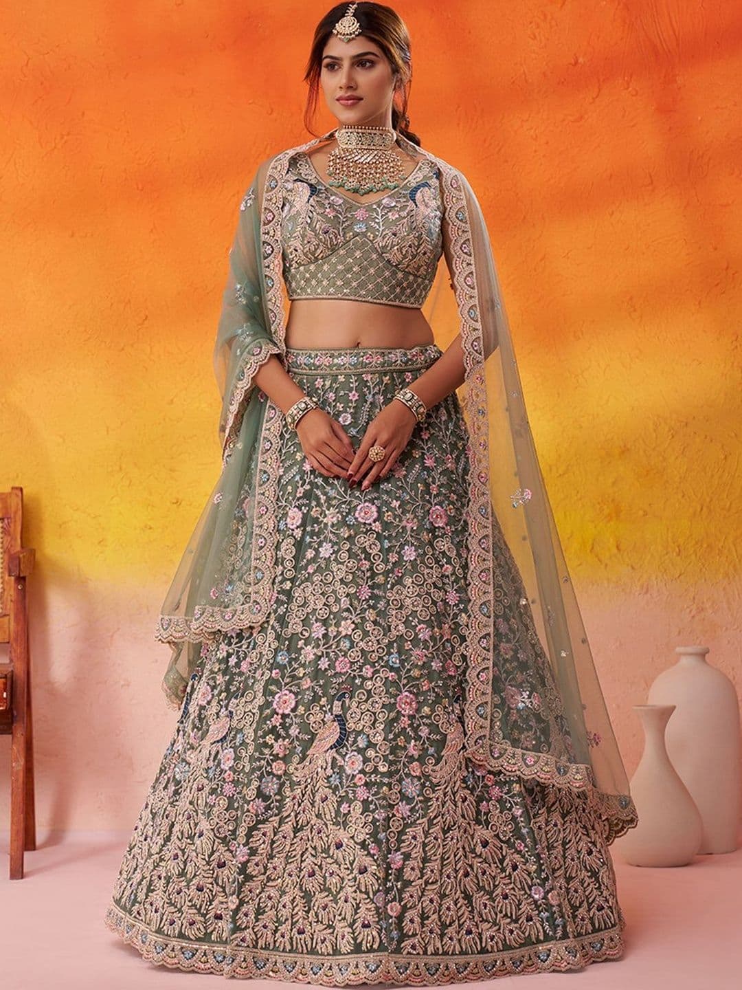 NAVYAAZRI Embroidered Sequinned Semi-Stitched Lehenga & Unstitched Blouse With Dupatta - view 1