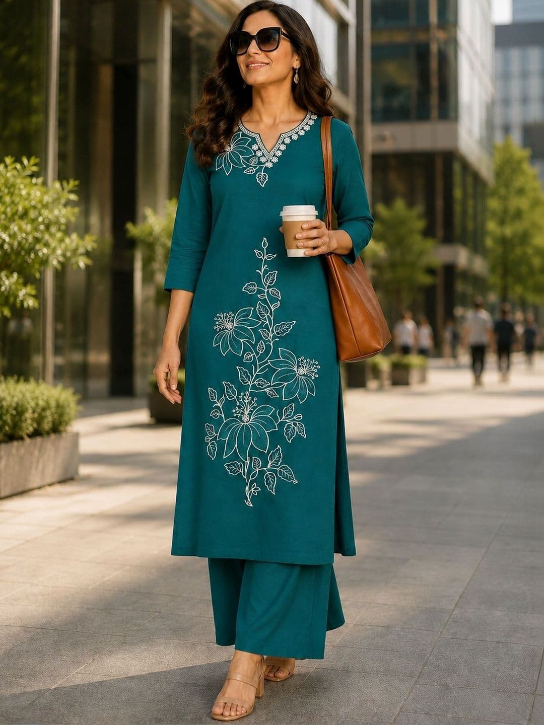 Berrylicious Women Floral Embroidered Regular Thread Work Pure Cotton Kurta with Palazzos - view 1